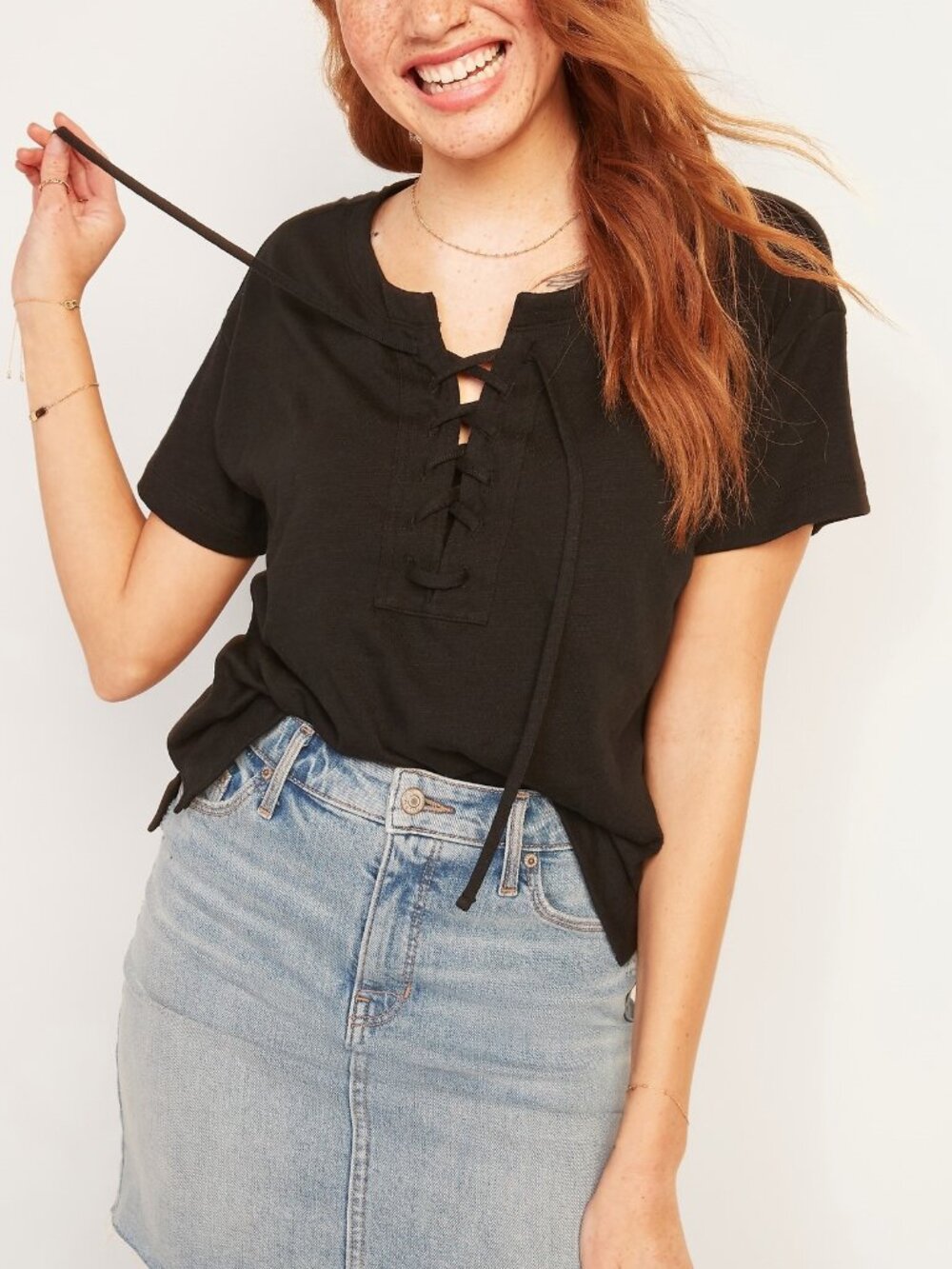 Old Navy Lace Up Front Slub Knit Top Short Sleeve Tee Black Size XXL